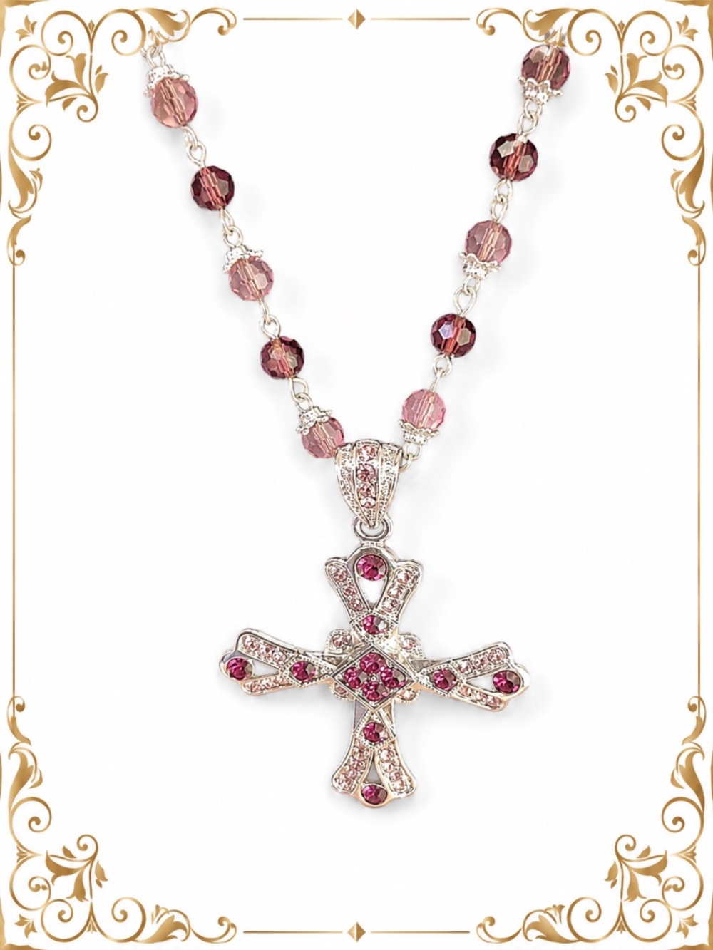Rhinestone Cross Necklace Pink & Purple Rosary Beads